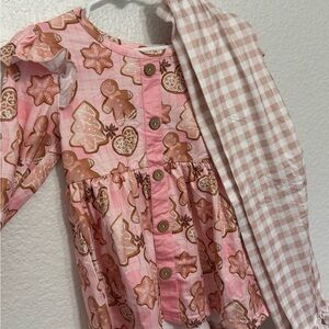 Kids Pink Gingerbread Button-Up Dress with Gingham Pants
